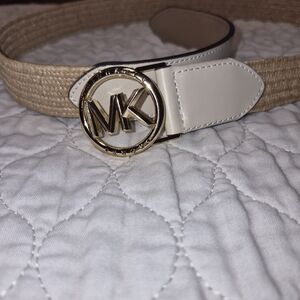 Michael Kors Beige Woven Straw Belt with White Leather and Gold MK Buckle